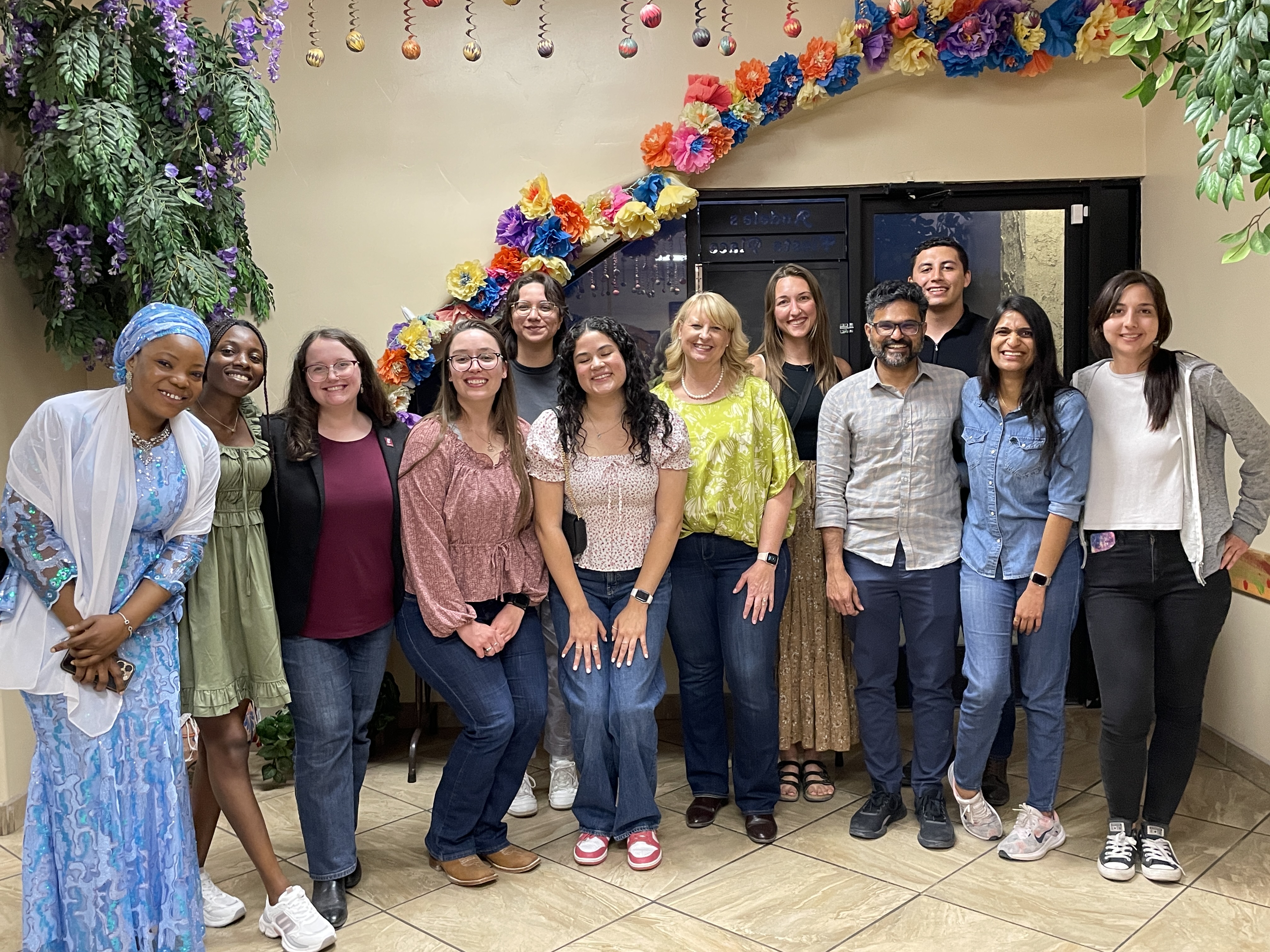 Students on snowy day in front of window